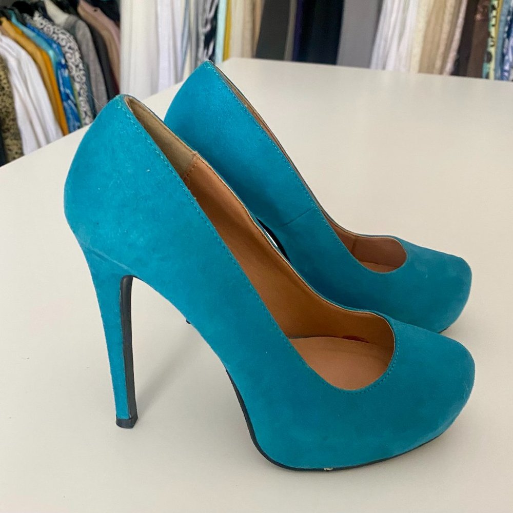 Blue stiletto platform suede heels